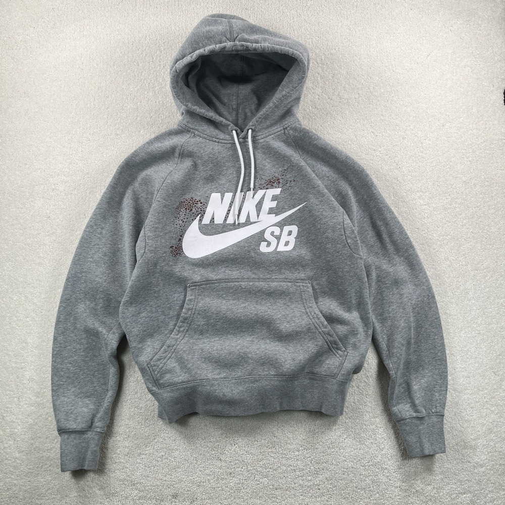 Nike SB Pullover Hoodie Men's M Gray Fleece Logo Graphic Print Pockets